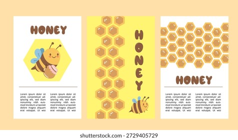 Conjunto de diseño de embalaje de miel con ilustraciones y patrones lindos. Perfecto para etiquetas, tarros, marcas, mercados de agricultores y productos alimenticios hechos a mano.