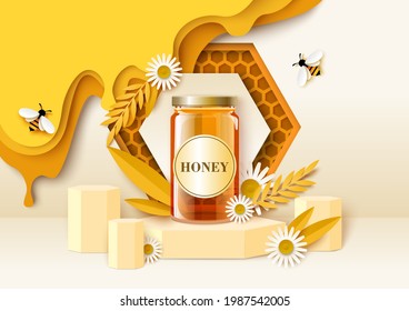 Honey packaging glass jar mockup on display podium, paper cut background with cute bees, daisy flowers, honeycombs, vector illustration. Natural sweet syrup, organic honey, healthy food ads template.