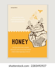Honey packaging label or sticker design template, hand drawn engraving vector illustration. Honey packaging design element, label or tag.