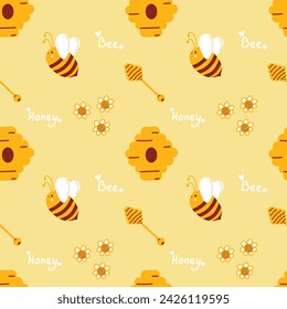 Honey pattern with bees for beekeepers and honey products. Cute summer yellow pattern with bees collecting honey. Minimalistic Flat lay design for food packaging and beekeeping design