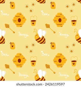 Honey pattern with bees for beekeepers and honey products. Cute summer yellow pattern with bees collecting honey. Minimalistic Flat lay design for food packaging and beekeeping design