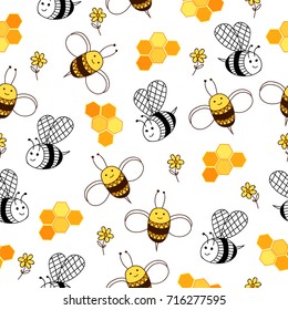 Honey pattern with honeycomb, bees and flowers. Natural background.