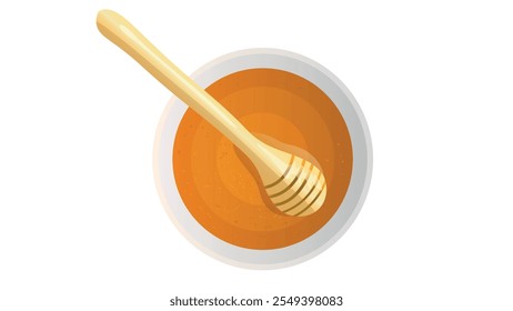 Honey in porcelain bowl. Honey with wooden dipper. vector. Top view. 