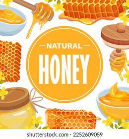 Honey Poster Design with Sweet Honeycomb and Dipper with Dripping Golden Liquid Vector Template
