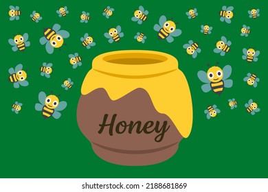 honey pot amid smiling bees,on green background copy space,vector illustration