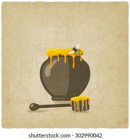 honey pot with bee and wooden dipper on old background. vector illustration - eps 10