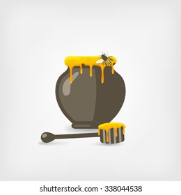 honey pot with bee and wooden dipper. vector illustration - eps 10