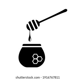 Honey pot with black honey dipper icon. Sweet organic liquid flows down wooden spoon into ceramic vessel with vector honeycomb symbol.