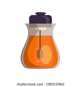 Honey pot cartoon illustration. Bottle with dipper inside and lead. Honey concept. Vector illustration can be used for topics like organic food, dessert, sweet
