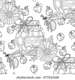 Honey pot doodle and bee with flowers seamless pattern.Hand drawn vector illustration. Sketch for tattoo adult coloring anti stress book. Insect collection boho style.