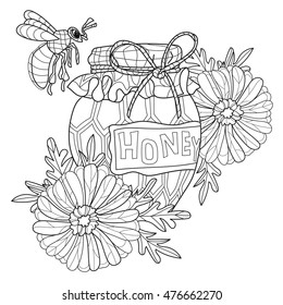 Honey pot doodle and bee with flowers.Hand drawn vector illustration. Sketch for label or adult coloring anti stress book.Food collection boho style.