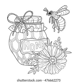 Honey pot doodle and bee with flowers.Hand drawn vector illustration. Sketch for label or adult coloring anti stress book.Food collection boho style.