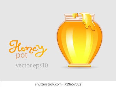 Honey Pot with honey drip. Vector realistic object isolated on white background.