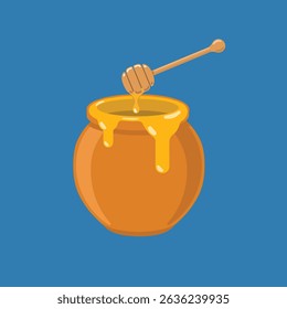 Honey Pot with Dripping Honey Dipper Line Icon. Sweet Natural Honey Illustration on Blue Background.