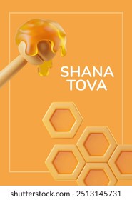 Honey pot with dripping honey in a warm color scheme. 3D vector illustration featuring hexagonal patterns for Rosh Hashana celebrations. Ideal for greeting card or web banner set.