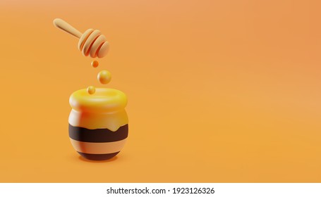 Honey pot with flowing honey and honey dipper in cartoon style. 3d illustration. Vector.