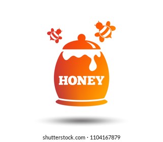 Honey in pot with flying bees sign icon. Sweet natural food symbol. Blurred gradient design element. Vivid graphic flat icon. Vector