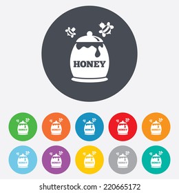 Honey in pot with flying bees sign icon. Sweet natural food symbol. Round colourful 11 buttons. Vector