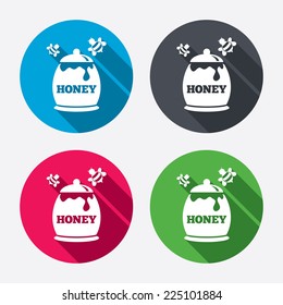 Honey in pot with flying bees sign icon. Sweet natural food symbol. Circle buttons with long shadow. 4 icons set. Vector