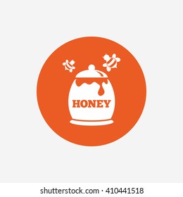 Honey in pot with flying bees sign icon. Sweet natural food symbol. Orange circle button with icon. Vector