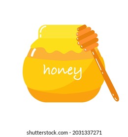 Honey Pot with Gold Honey in Flat Style. Vector Yummy and Healthy Dessert with Wooden Spoon. Gold Sugar Syrup Template.