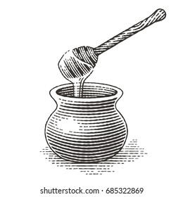 Honey pot. Hand drawn engraving style illustrations.