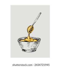 Honey in pot hand drawn sketch in color. Vector illustration can used for wrapping paper, label, poster, cards. Engraved or ink vector honey illustrations. 