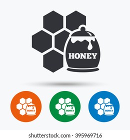 Honey in pot and honeycomb icon. Honey cells symbol. Sweet natural food. Flat signs in circles. Round buttons for web.