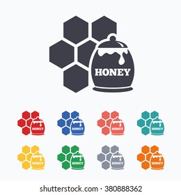 Honey in pot and honeycomb sign icon. Honey cells symbol. Sweet natural food. Colored flat icons on white background.