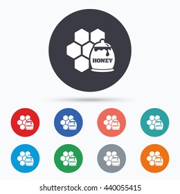 Honey in pot and honeycomb sign icon. Circle buttons with honey icon. Vector