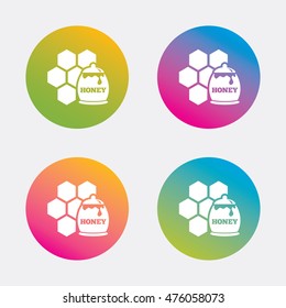 Honey in pot and honeycomb sign icon. Honey cells symbol. Sweet natural food. Gradient flat buttons with icon. Modern design. Vector