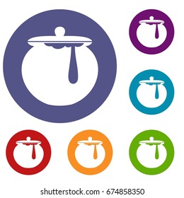Honey pot icons set in flat circle reb, blue and green color for web