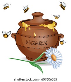 The honey pot on white background. Fly around honey bees, lying next to a white Daisy.