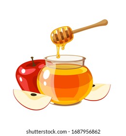 Honey pot and red apple, symbol of jewish new year, Rosh Hashanah. Vector illustration flat cartoon icon isolated on white background.