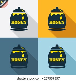 Honey in pot sign icon. Sweet natural food symbol. Four squares. Colored Flat design buttons. Vector