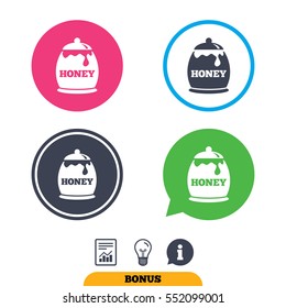 Honey in pot sign icon. Sweet natural food symbol. Report document, information sign and light bulb icons. Vector