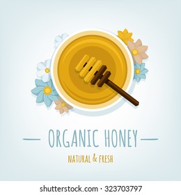 Honey Pot With A Spoon On The Table. Top View.  Vector Illustration, Flat Style.