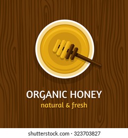 Honey Pot With A Spoon On The Wood Table. Top View.  Vector Illustration, Flat Style.