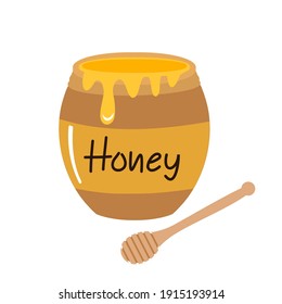 Honey pot with stick and lettering icon on white background vector illustration.