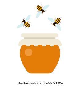 Honey in a pot with three flying bees vector flat material design isolated on white