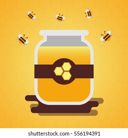 Honey Pot Vector Illustration With Bees Flying Around