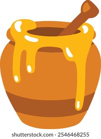 Honey pot and wooden dipper icon on white background. Honey pot emoji illustration. 