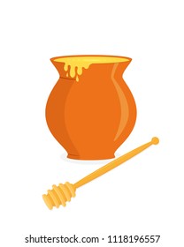 Honey pot and wooden honey dipper, isolated on white background, design element