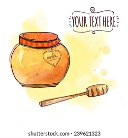 Honey pot with wooden dipper. Vector watercolor illustration