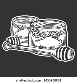 Honey in pot with wooden spoon. Vector concept in doodle and sketch style. Hand drawn illustration for printing on T-shirts, postcards. Icon and logo idea.