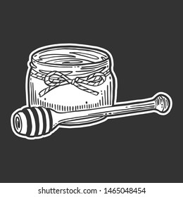 Honey in pot with wooden spoon. Vector concept in doodle and sketch style. Hand drawn illustration for printing on T-shirts, postcards. Icon and logo idea.