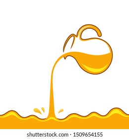 Honey is pouring from jug. Golden yellow realistic syrup or juice dripping liquid oil splashes vector template