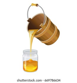 Honey pouring from the wooden pail into a glass jar. Vector illustration