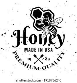 Honey premium product vector emblem, badge, label or logo in monochrome style isolated on white background
