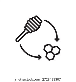 Icono de procesamiento de miel. La apicultura y la producción natural de alimentos, que representan la extracción de miel, la gestión de las colmenas, el refinado sostenible de la miel, el reciclaje de cera de abejas y las tecnologías apícolas artesanales.